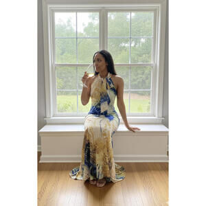 Women's Hand Tailored One of a Kind  Halter Neck Maxi Dress with Abstract Print